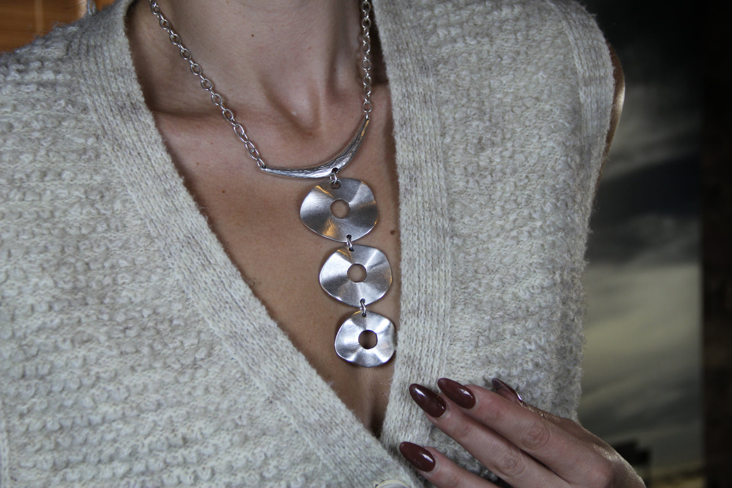 Unique Silver Necklace – Bold Circle Pendant Jewelry Boho Chic Statement Necklace