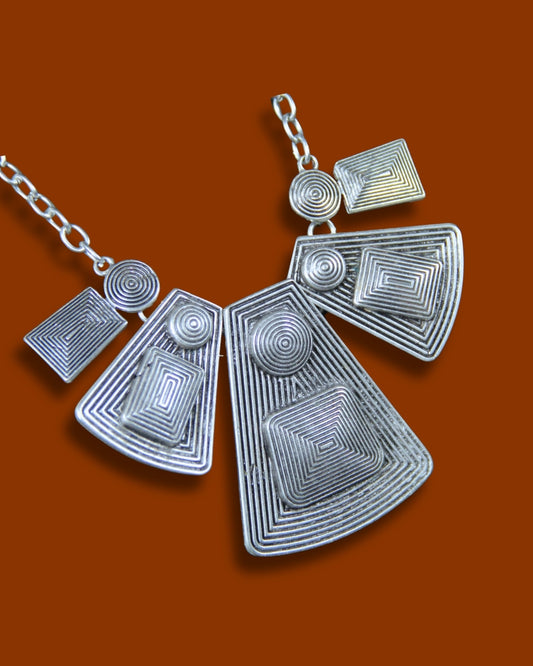 Silver Geometrical Engraved Pendant Necklace – Handmade Statement Jewelry for Women, Unique Gift Idea