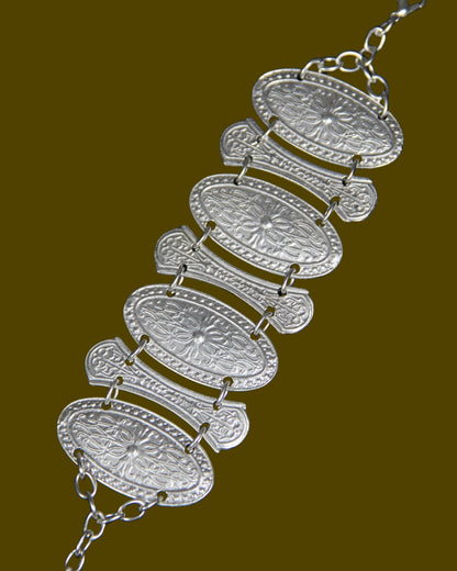 Ethnic Flower Silver Bracelet – Bold Engraved Statement Jewelry Unique Boho Chic Style