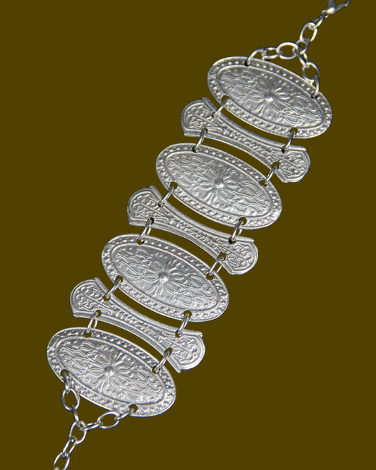 Ethnic Flower Silver Bracelet – Bold Engraved Statement Jewelry Unique Boho Chic Style