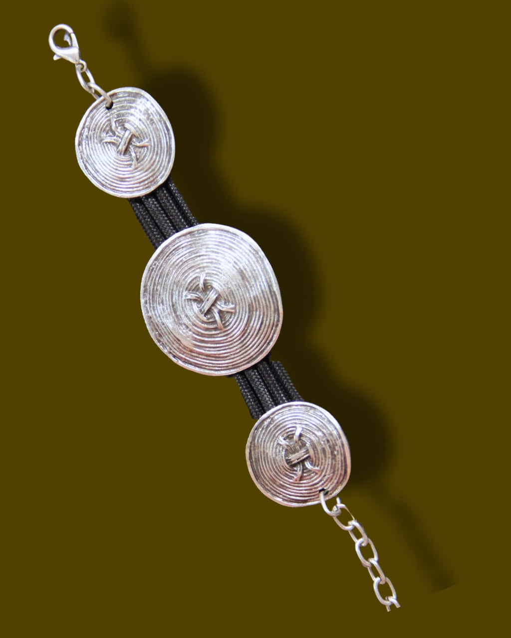 Silver Round Swirl Pieces on Black Band Bracelet Bold Statement Jewelry Unique Gifts