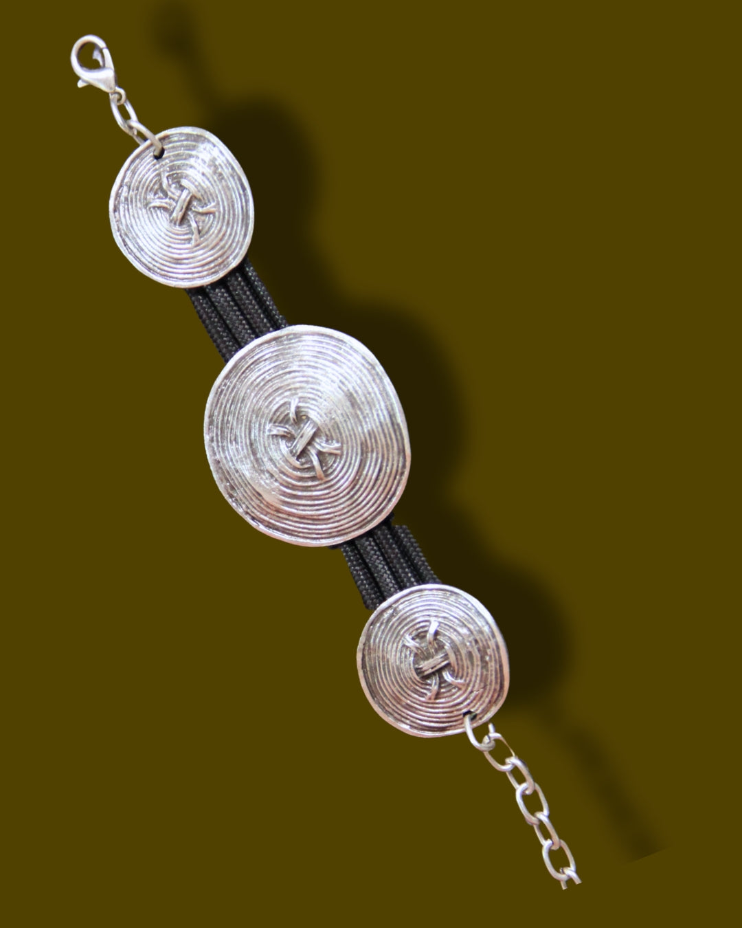 Silver Round Swirl Pieces on Black Band Bracelet Bold Statement Jewelry Unique Gifts
