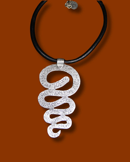 Large Metal Swirl Pendant Necklace – Bold Statement Black Leather Choker, Unique Bohemian Jewelry for Women