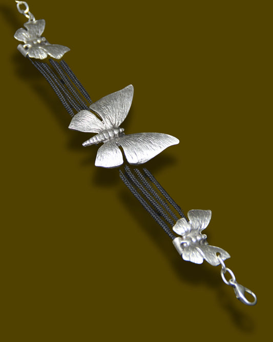 Bold Silver Butterfly Bracelet on Black Band – Unique Statement Jewelry for Women, Handmade Boho Gift Idea