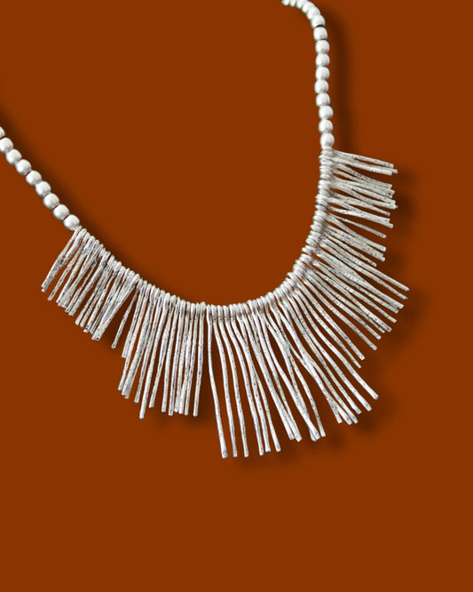 Silver Spiked Statement Necklace – Unique Chic Design with Silver Beaded Collar, Bold Fashion Jewelry