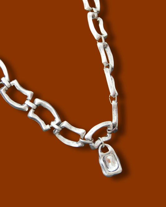 Large Silver Chain Statement Necklace with Large Stone