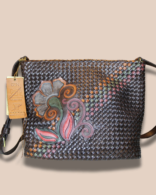 Handmade Genuine Leather Woven Brown Shoulder Bag