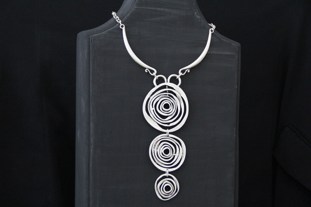 Silver Circle Pendant Unique Statement Necklace Bold Chic Style Jewelry