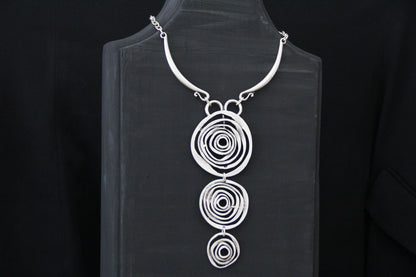 Silver Circle Pendant Unique Statement Necklace Bold Chic Style Jewelry