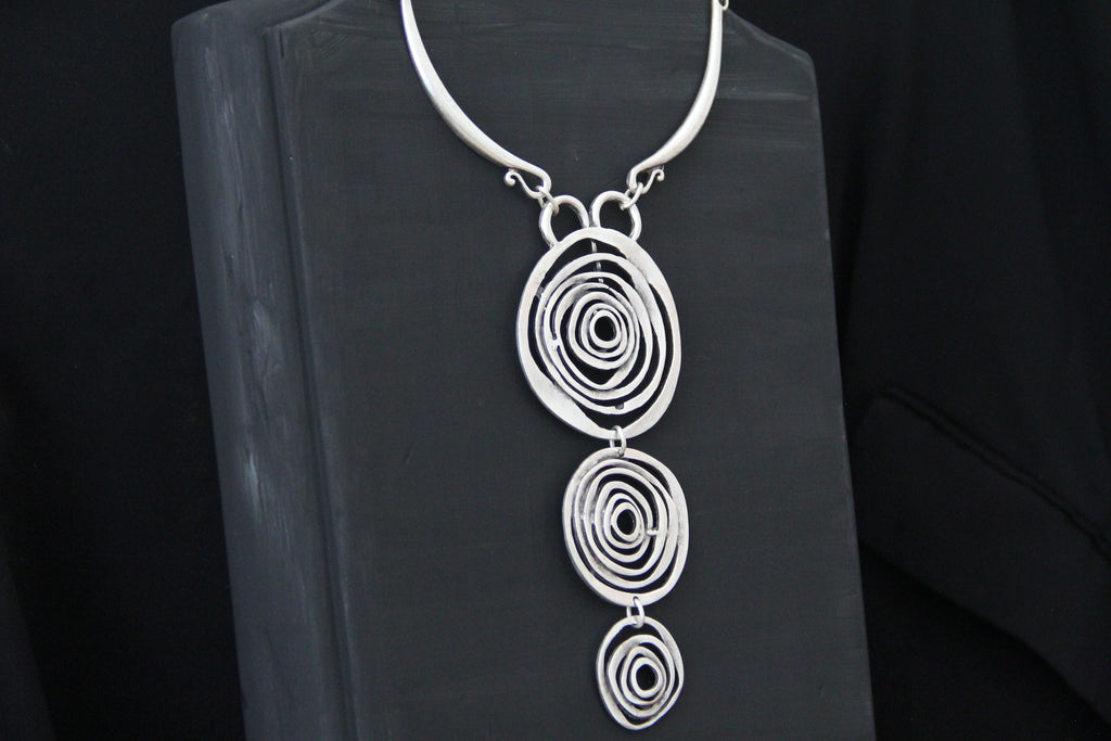 Silver Circle Pendant Unique Statement Necklace Bold Chic Style Jewelry