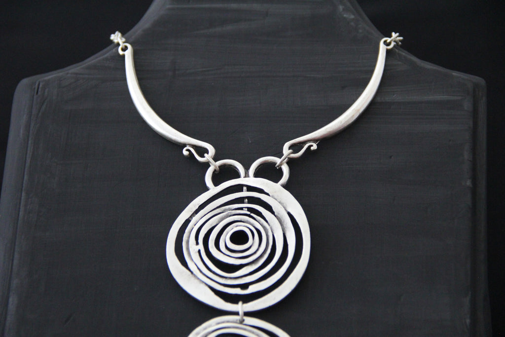 Silver Circle Pendant Unique Statement Necklace Bold Chic Style Jewelry
