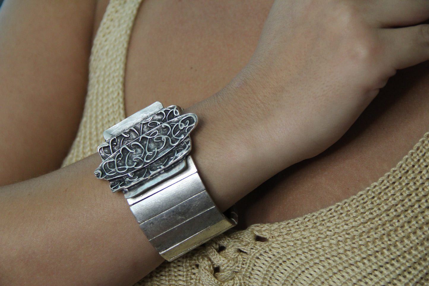 Chunky Silver Ethnic Cuff Bracelet – Unique Handmade Ethnic Jewelry for Women, Boho Chic Vintage Style Gift Idea