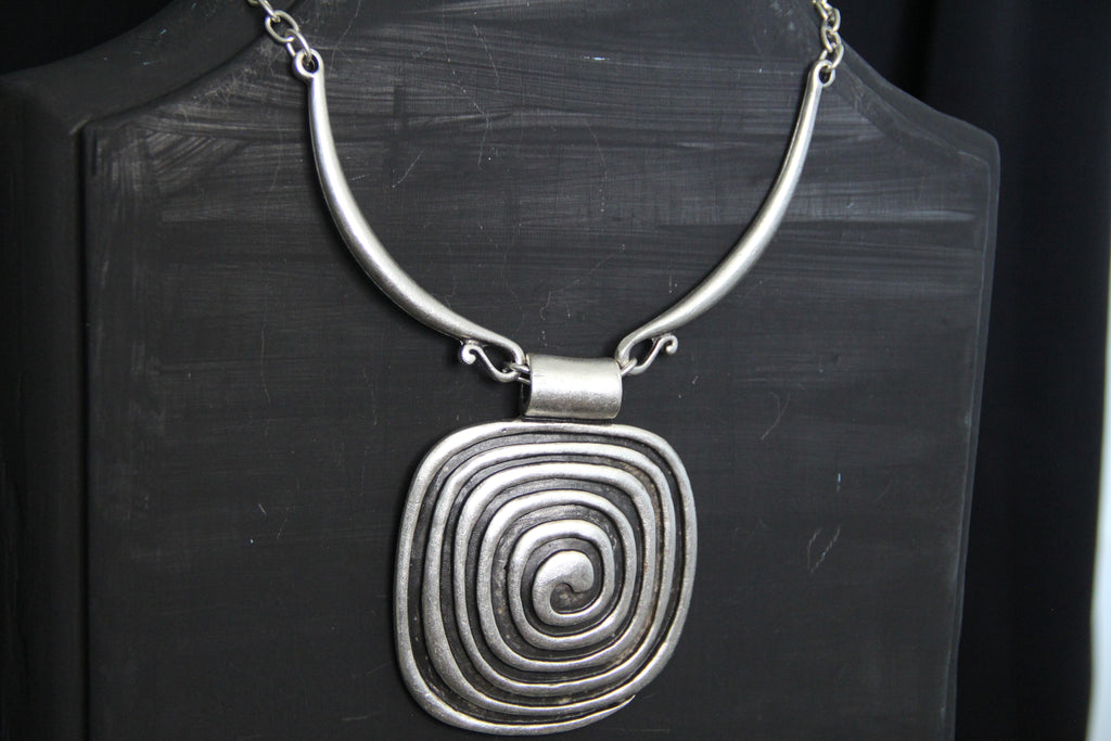 Silver Square Pendant Unique Statement Necklace Bold Chic Style Jewelry
