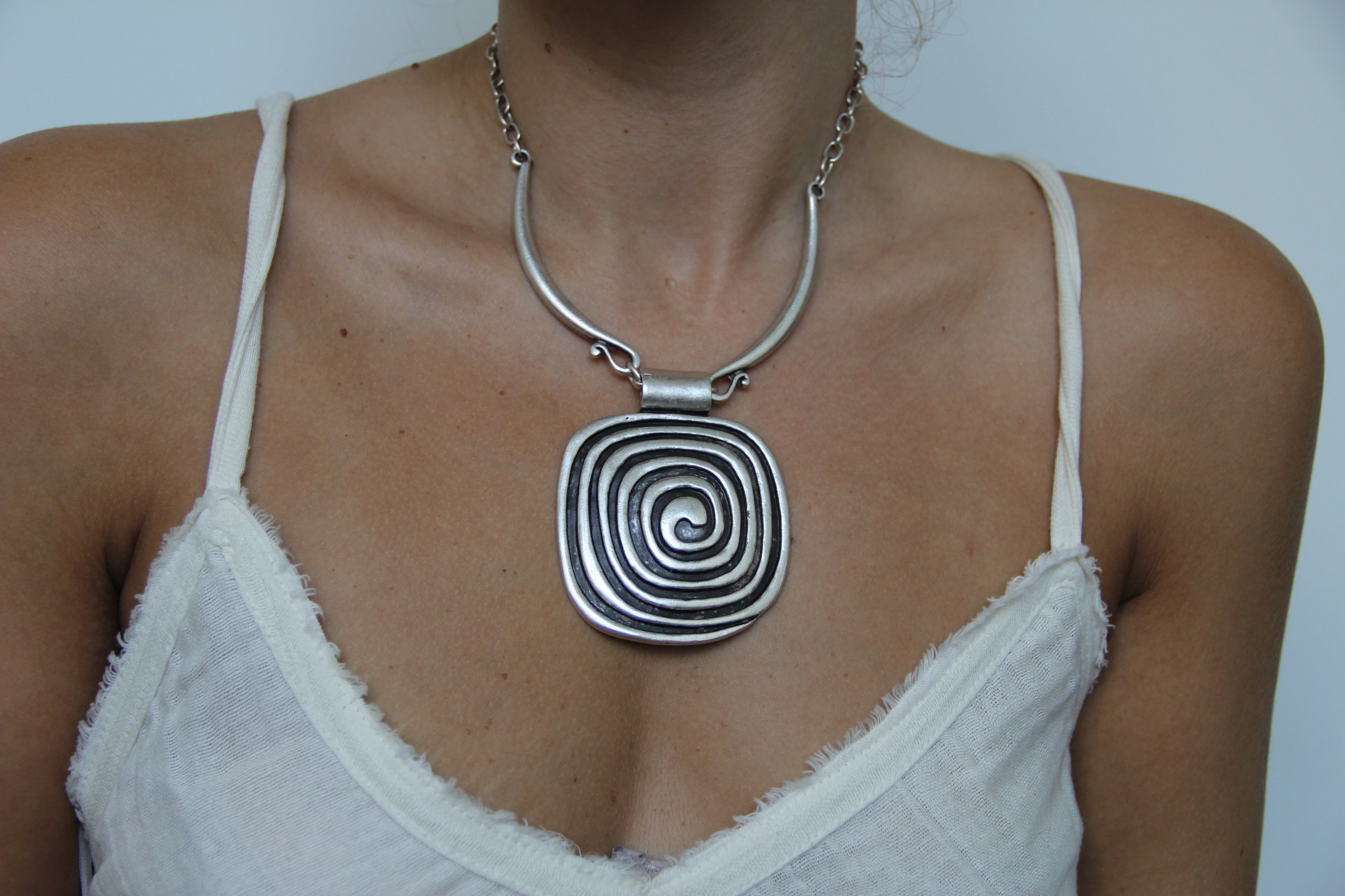 Silver Square Pendant Unique Statement Necklace Bold Chic Style Jewelry