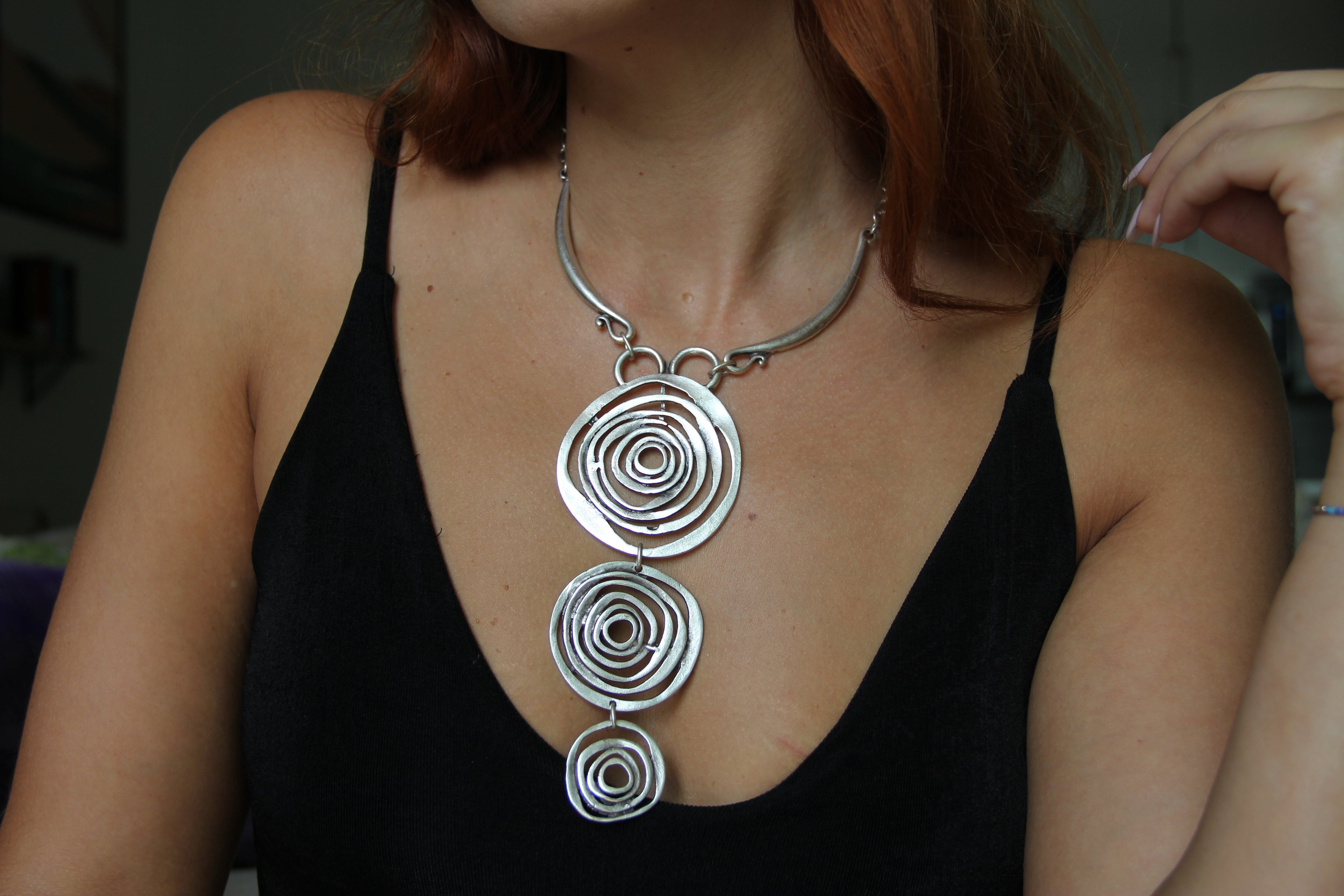 Silver Circle Pendant Unique Statement Necklace Bold Chic Style Jewelry