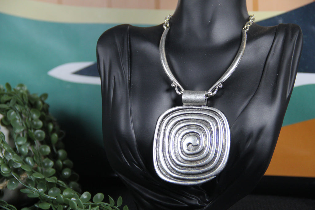 Silver Square Pendant Unique Statement Necklace Bold Chic Style Jewelry