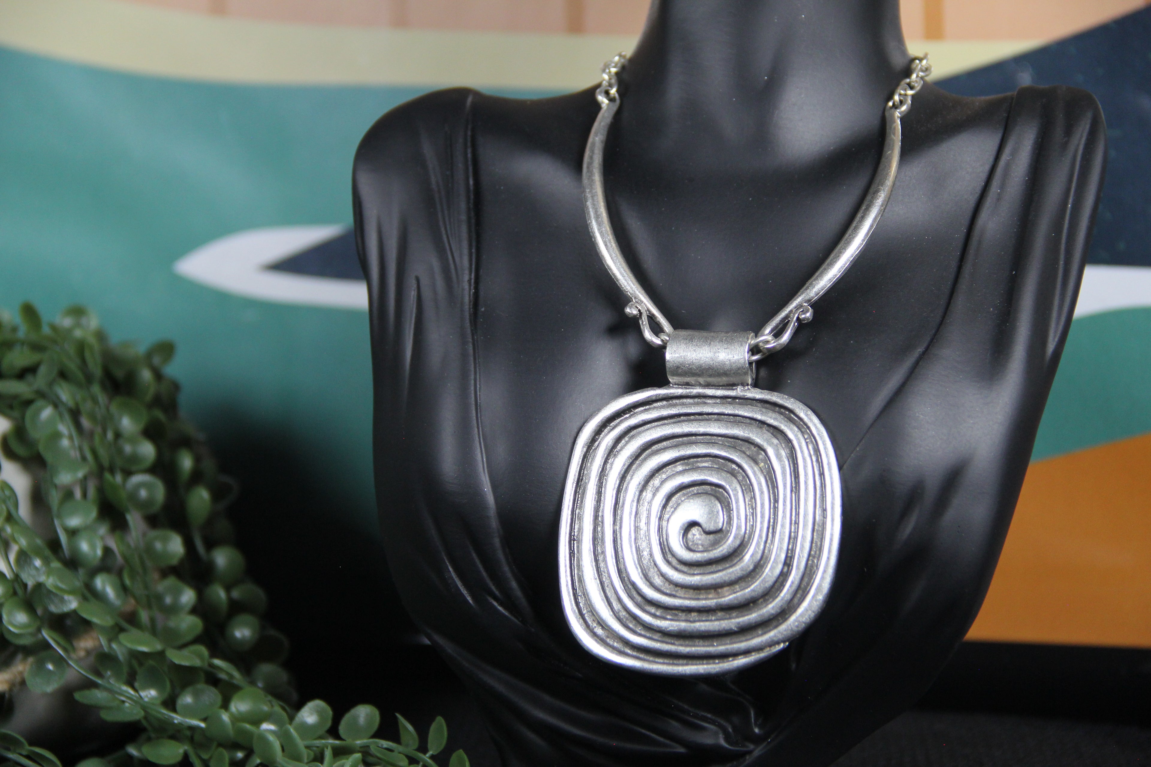 Silver Square Pendant Unique Statement Necklace Bold Chic Style Jewelry