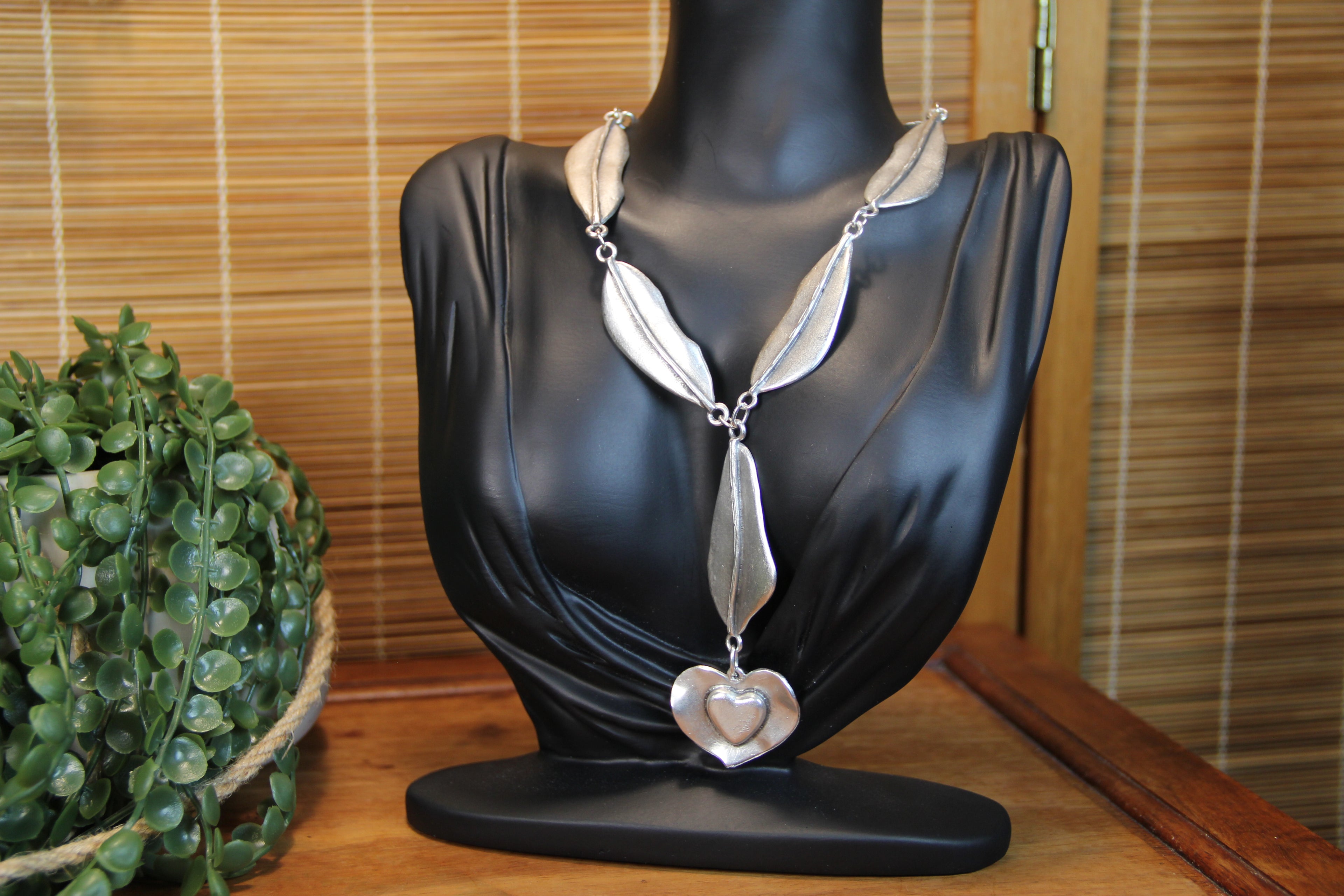 Necklace Long Silver Jewelry with Heart Pendant Bold Jewelry Piece Boho Chic Style