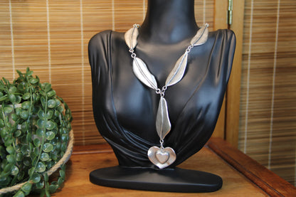 Necklace Long Silver Jewelry with Heart Pendant Bold Jewelry Piece Boho Chic Style