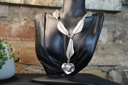 Necklace Long Silver Jewelry with Heart Pendant Bold Jewelry Piece Boho Chic Style