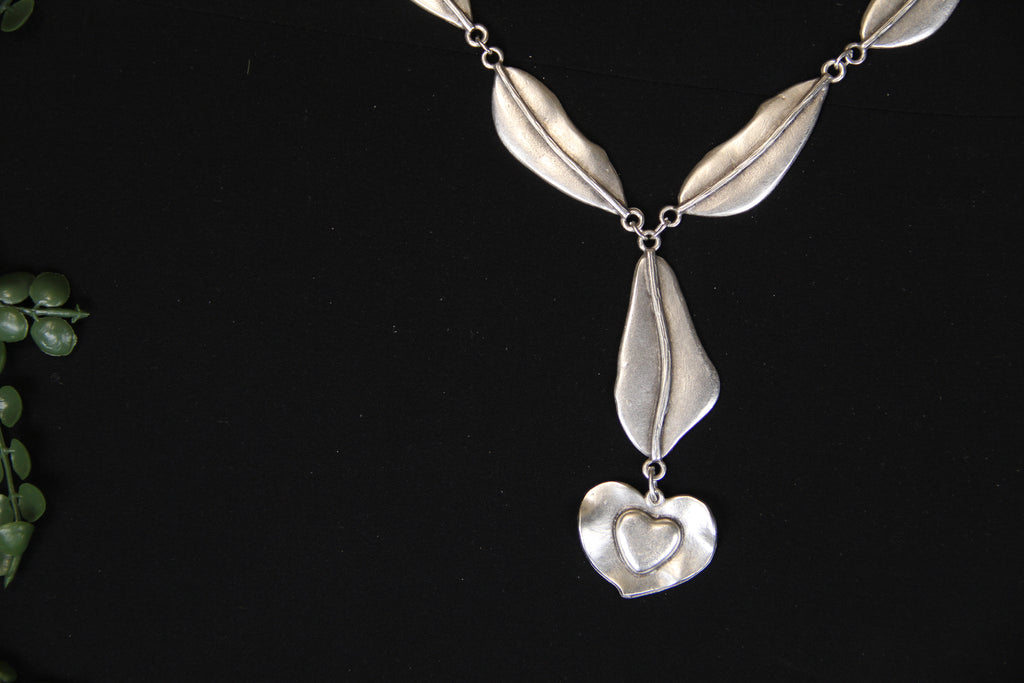 Necklace Long Silver Jewelry with Heart Pendant Bold Jewelry Piece Boho Chic Style