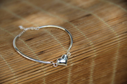 925 Sterling Silver Heart Cuff Style Adjustable Bracelet