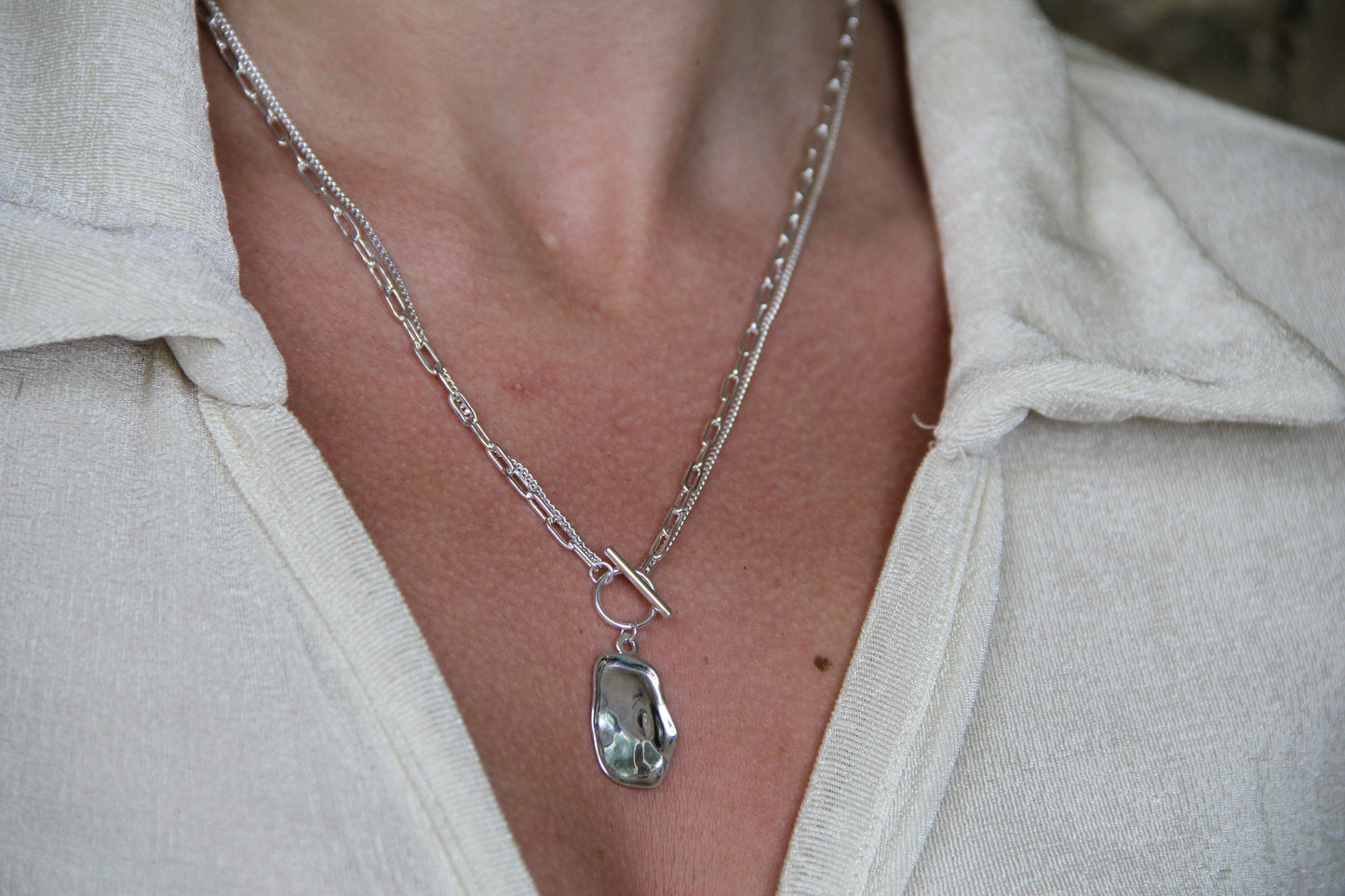 925 Sterling Silver Double Chain Geometric Shell Necklace