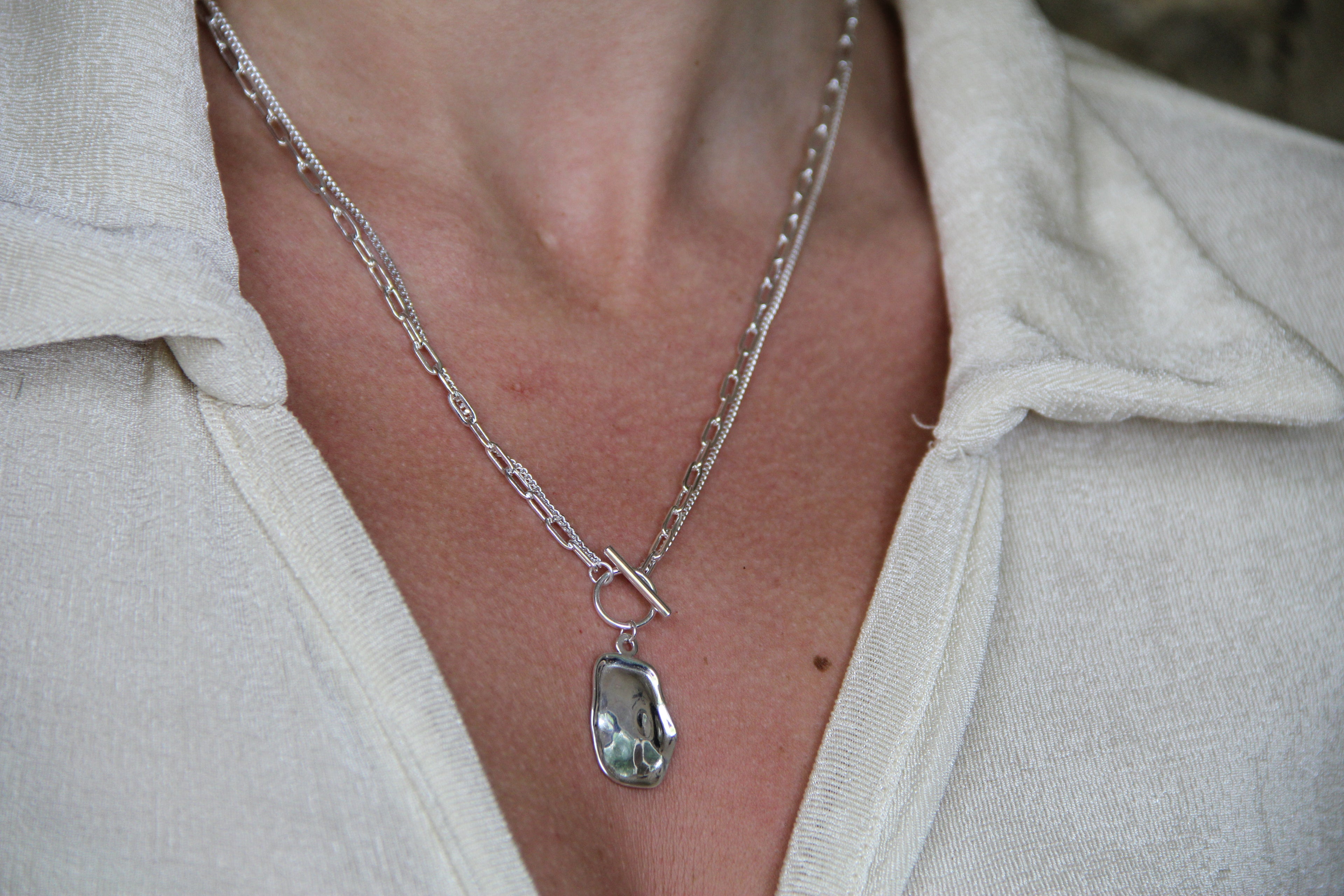 925 Sterling Silver Double Chain Geometric Shell Necklace