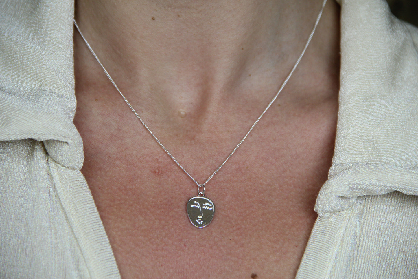 925 Sterling Silver Abstract Face Necklace