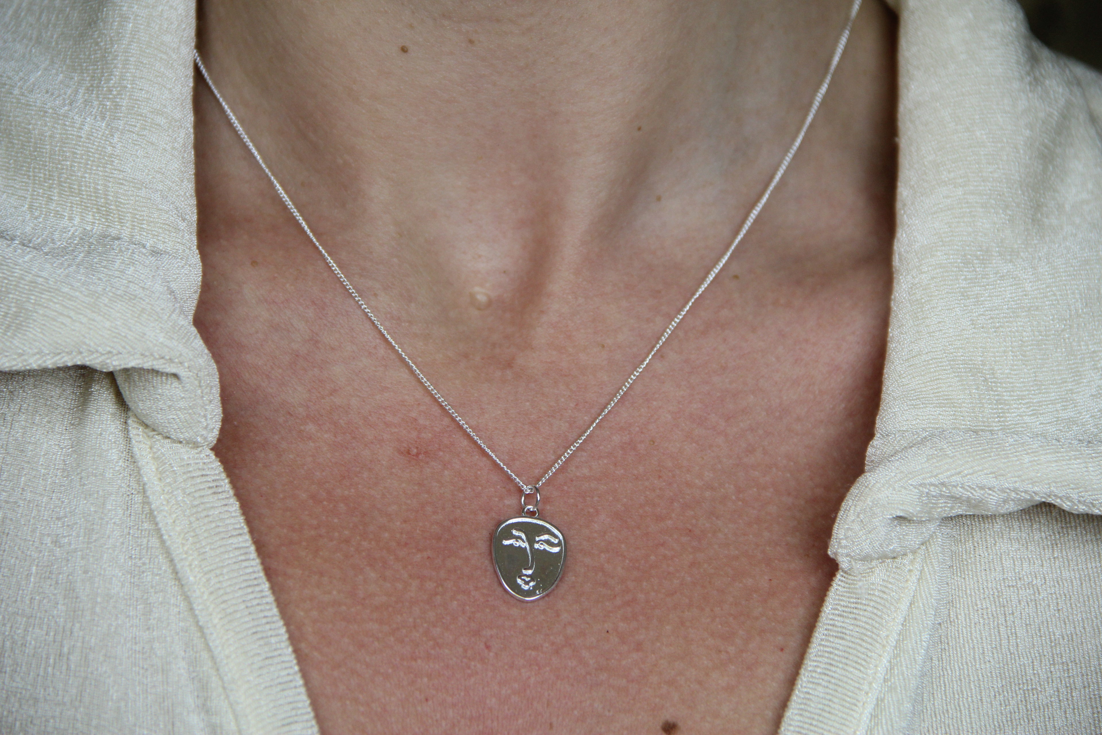 925 Sterling Silver Abstract Face Necklace