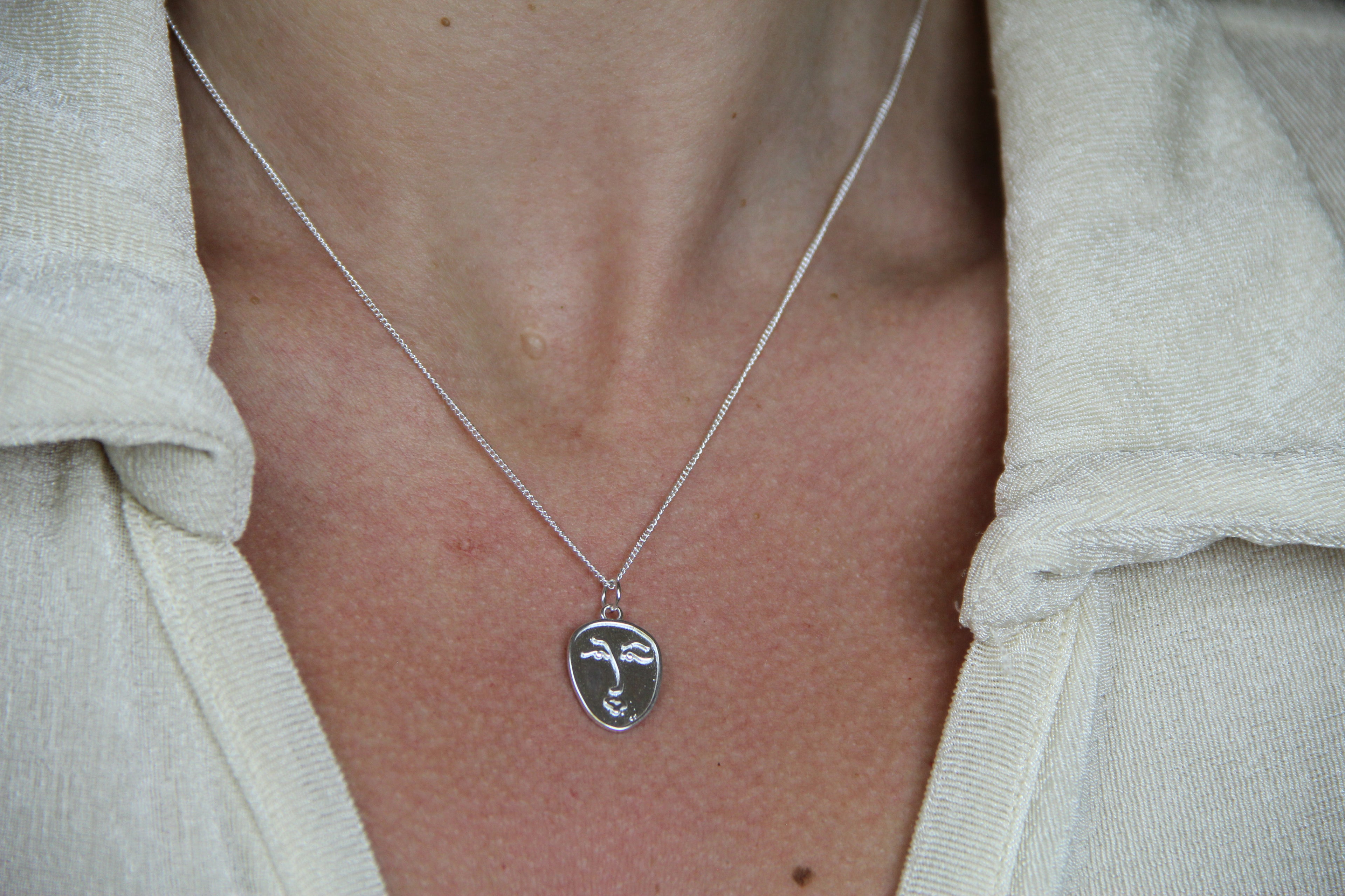 925 Sterling Silver Abstract Face Necklace