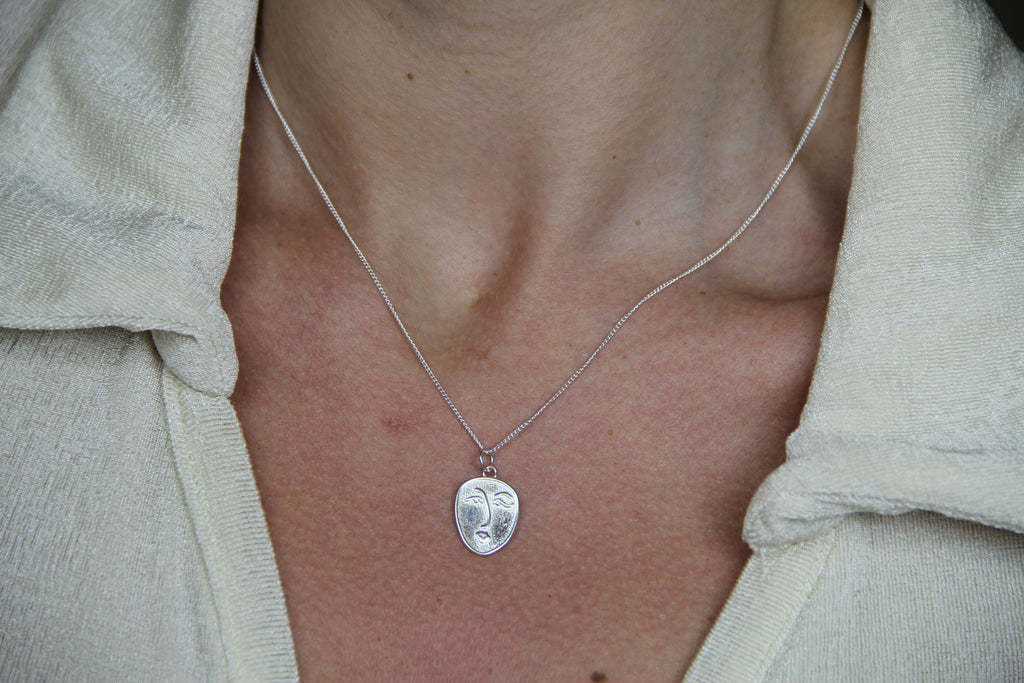 925 Sterling Silver Abstract Face Necklace