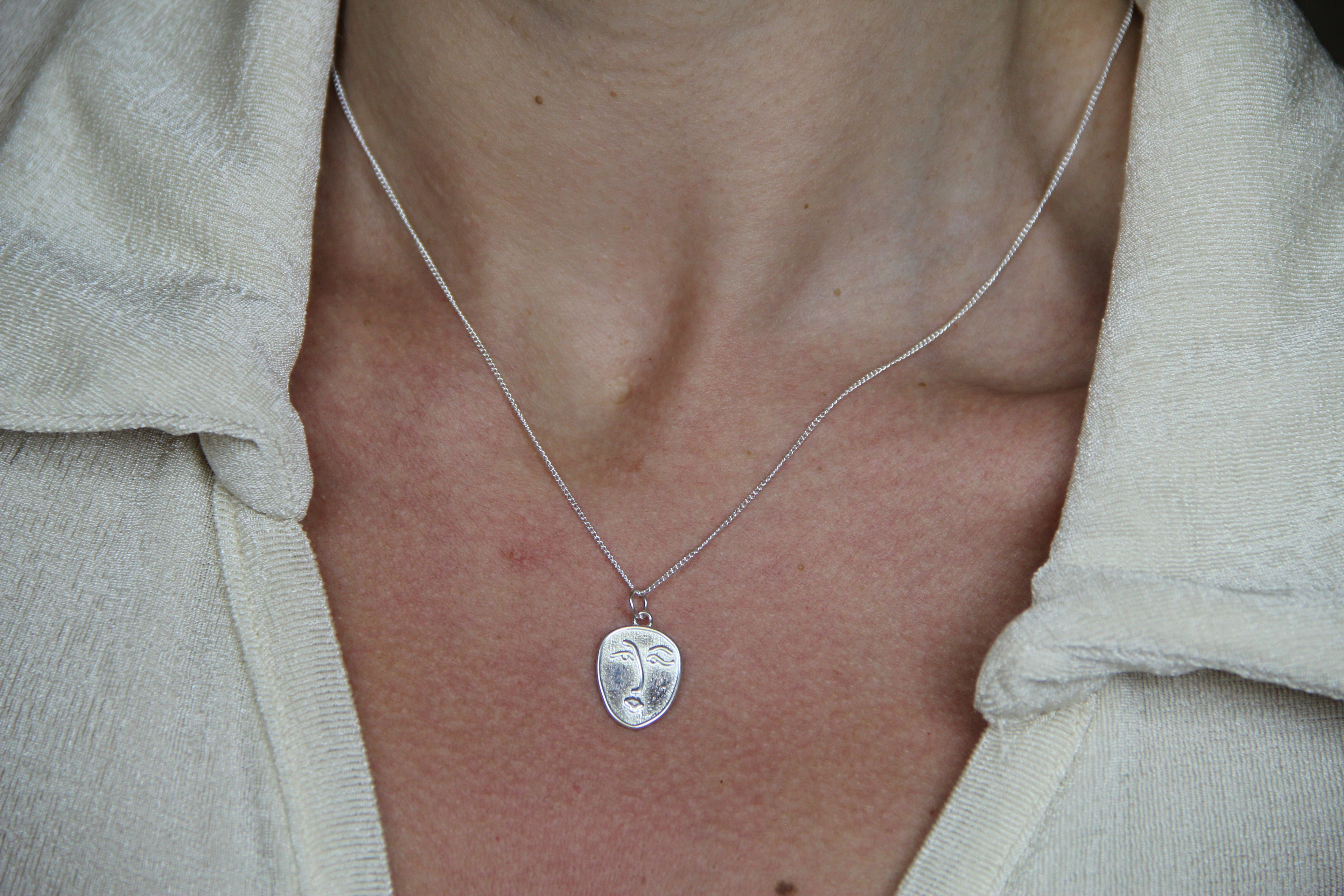 925 Sterling Silver Abstract Face Necklace
