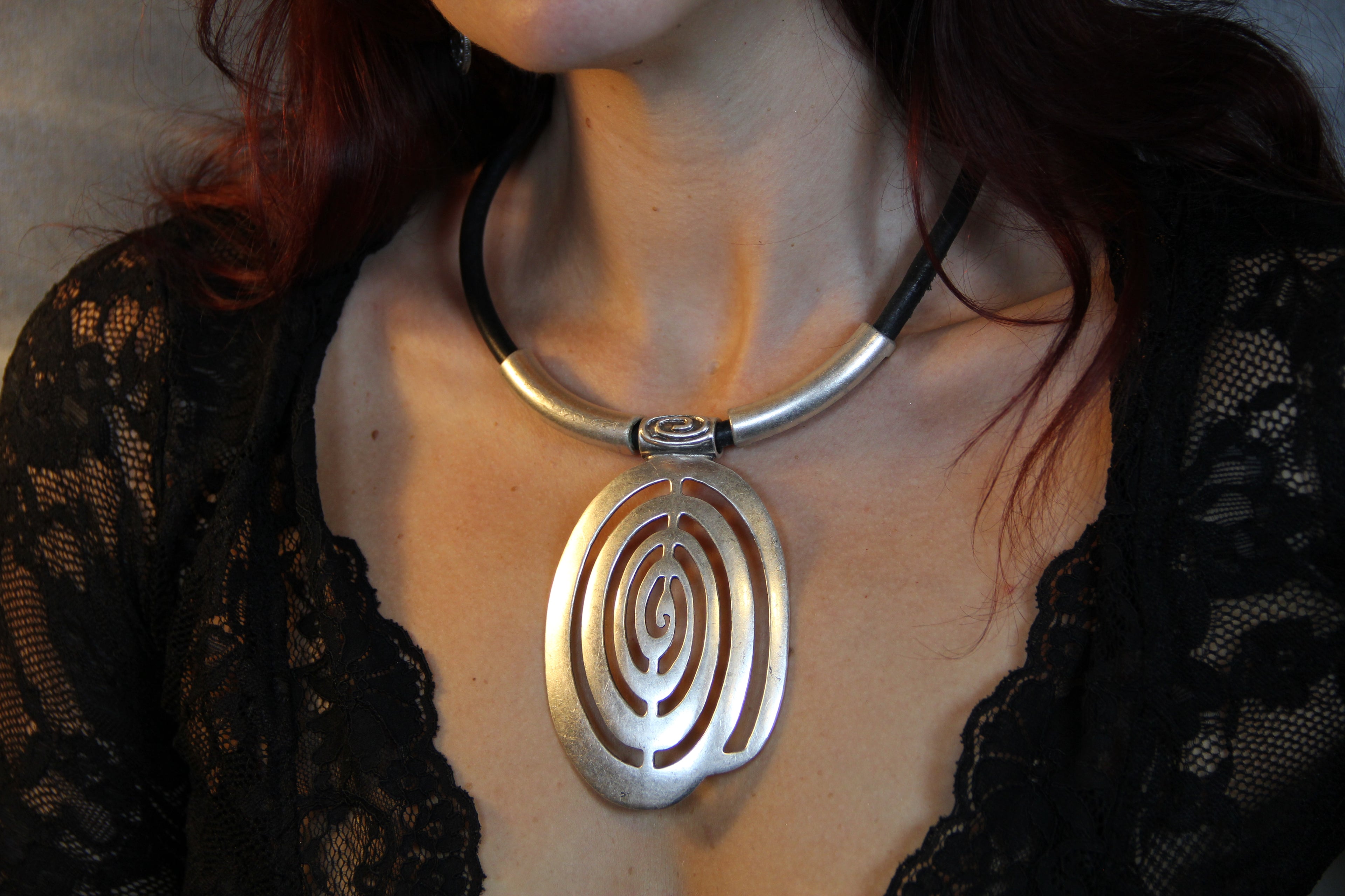 Metal Large Unique Pendant Statement Necklace Black Leather Choker Bohemian Style Jewelry