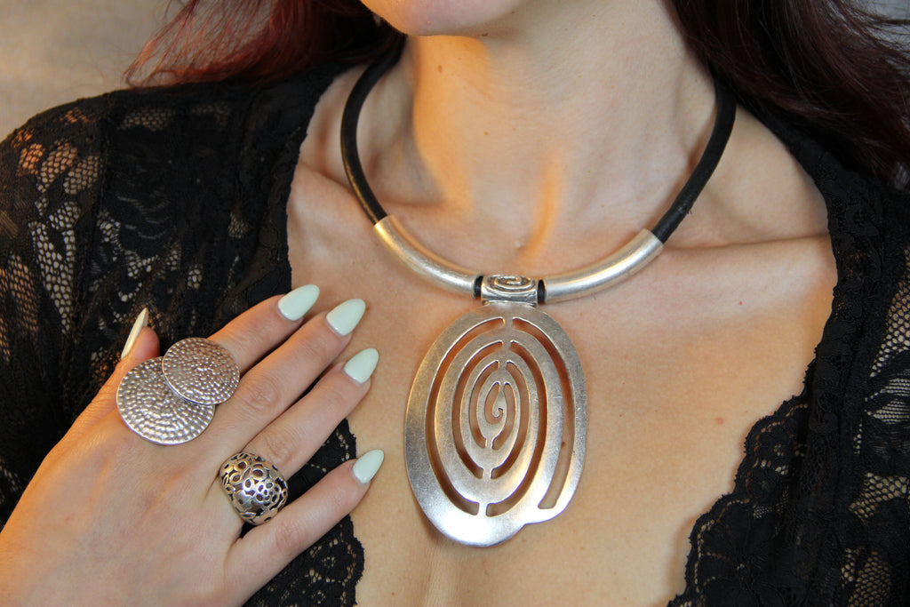 Metal Large Unique Pendant Statement Necklace Black Leather Choker Bohemian Style Jewelry