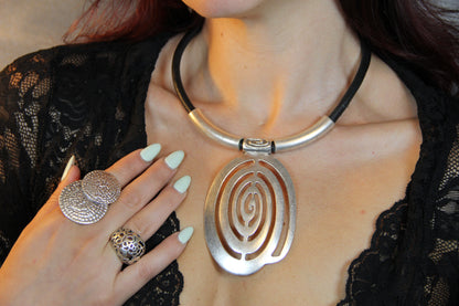 Metal Large Unique Pendant Statement Necklace Black Leather Choker Bohemian Style Jewelry