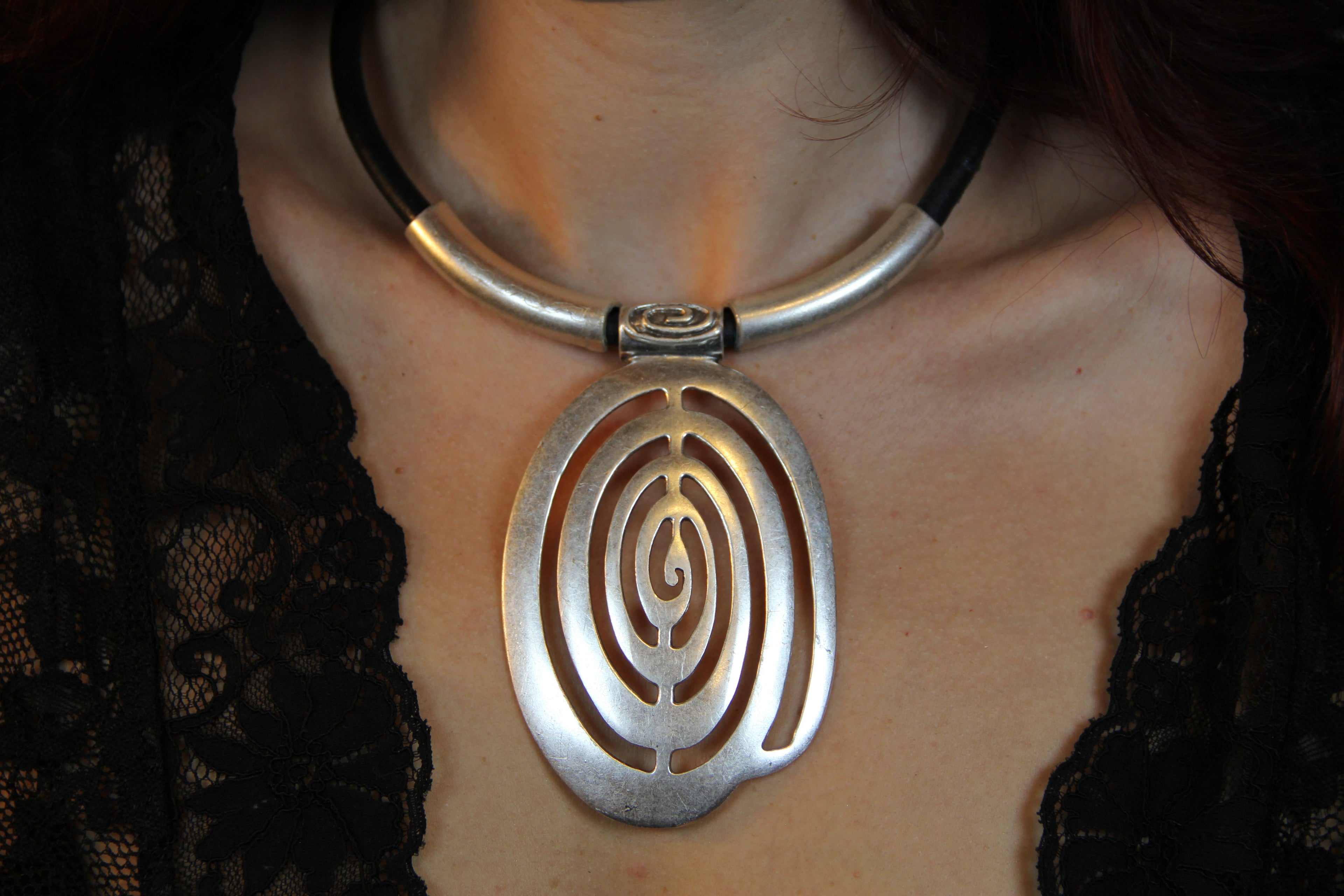 Metal Large Unique Pendant Statement Necklace Black Leather Choker Bohemian Style Jewelry