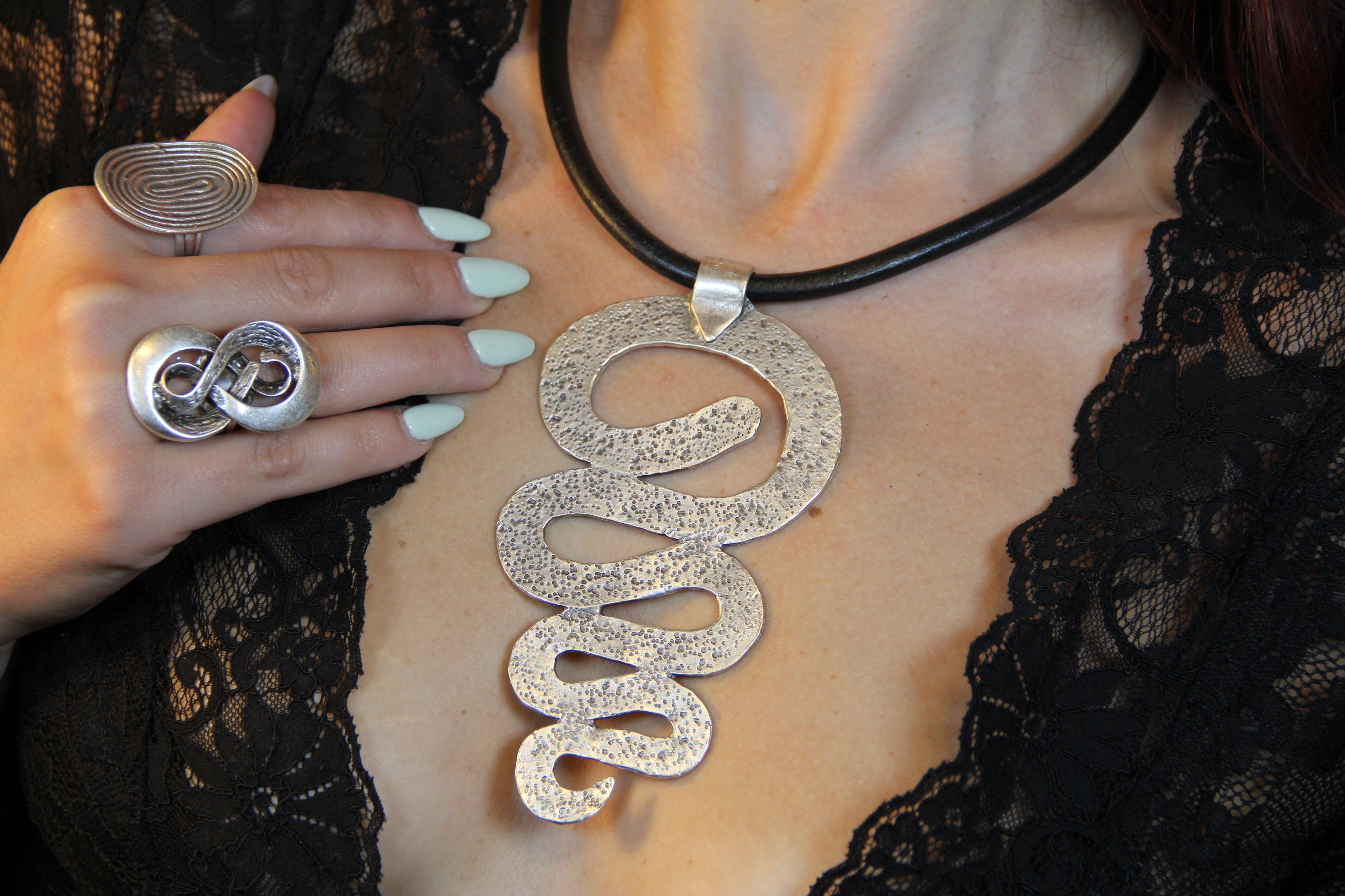 Large Metal Swirl Pendant Necklace – Bold Statement Black Leather Choker, Unique Bohemian Jewelry for Women