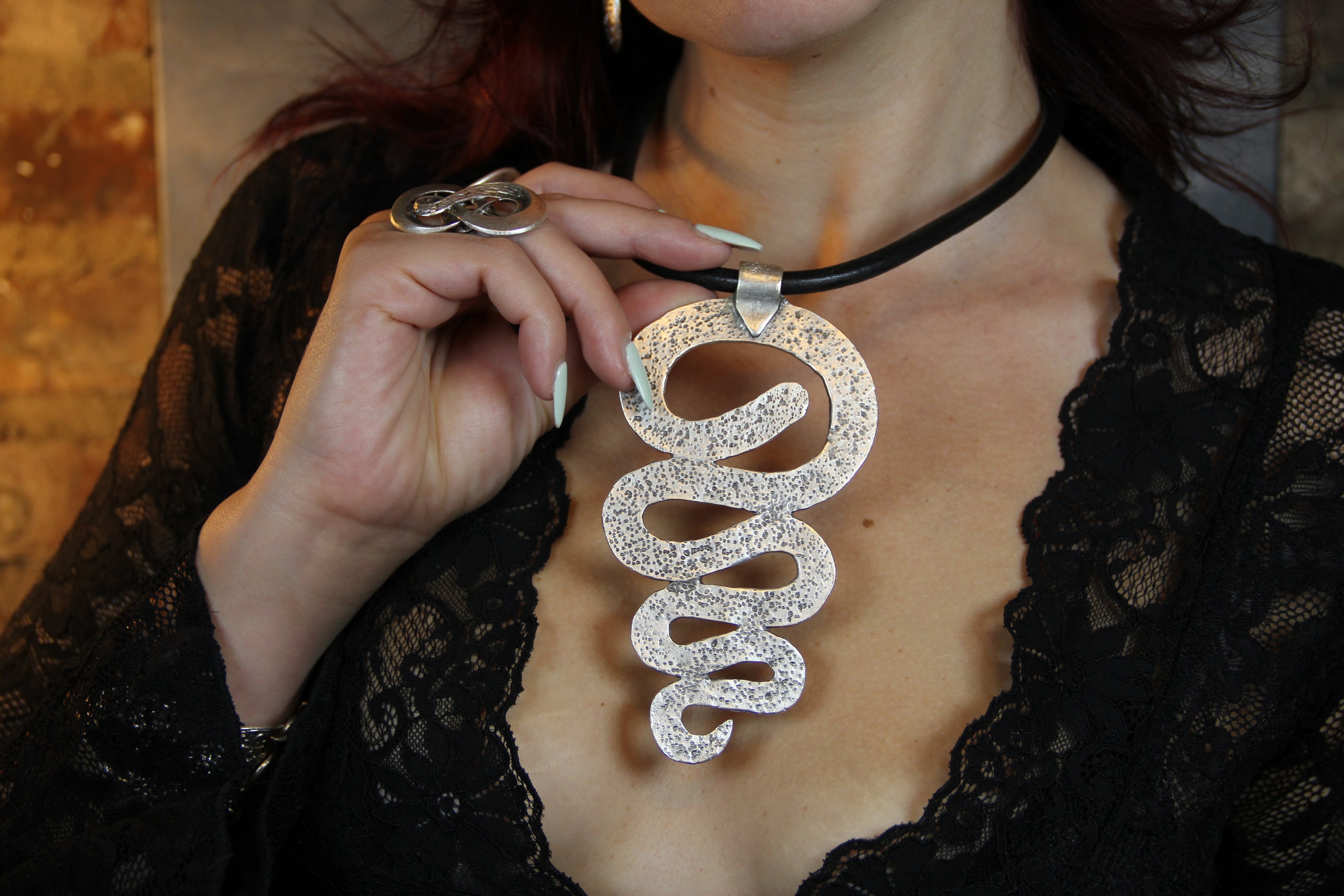 Large Metal Swirl Pendant Necklace – Bold Statement Black Leather Choker, Unique Bohemian Jewelry for Women