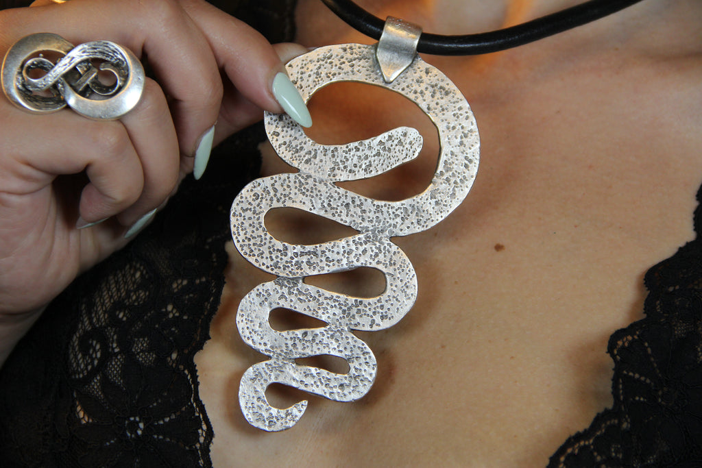 Large Metal Swirl Pendant Necklace – Bold Statement Black Leather Choker, Unique Bohemian Jewelry for Women