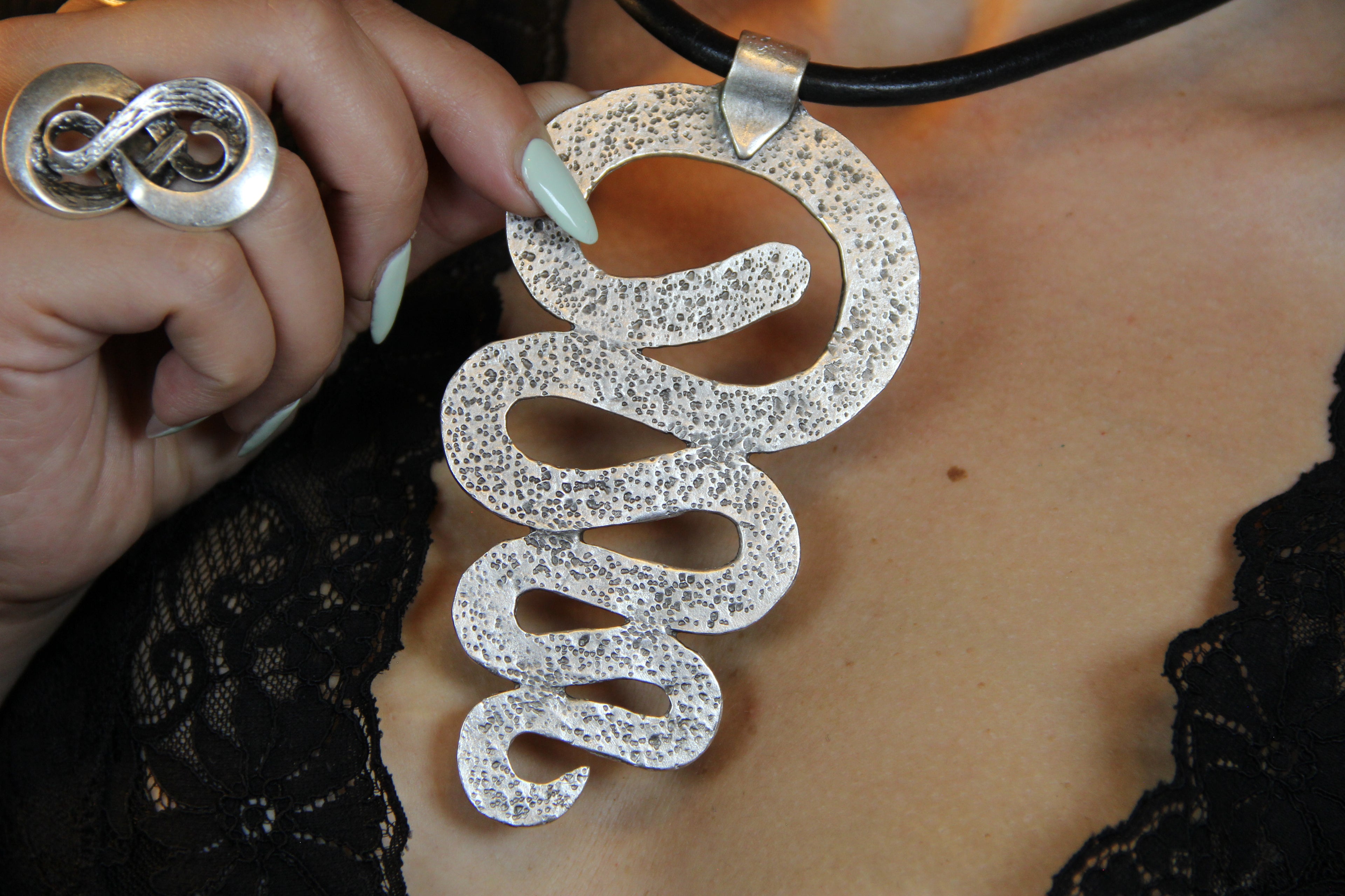 Large Metal Swirl Pendant Necklace – Bold Statement Black Leather Choker, Unique Bohemian Jewelry for Women