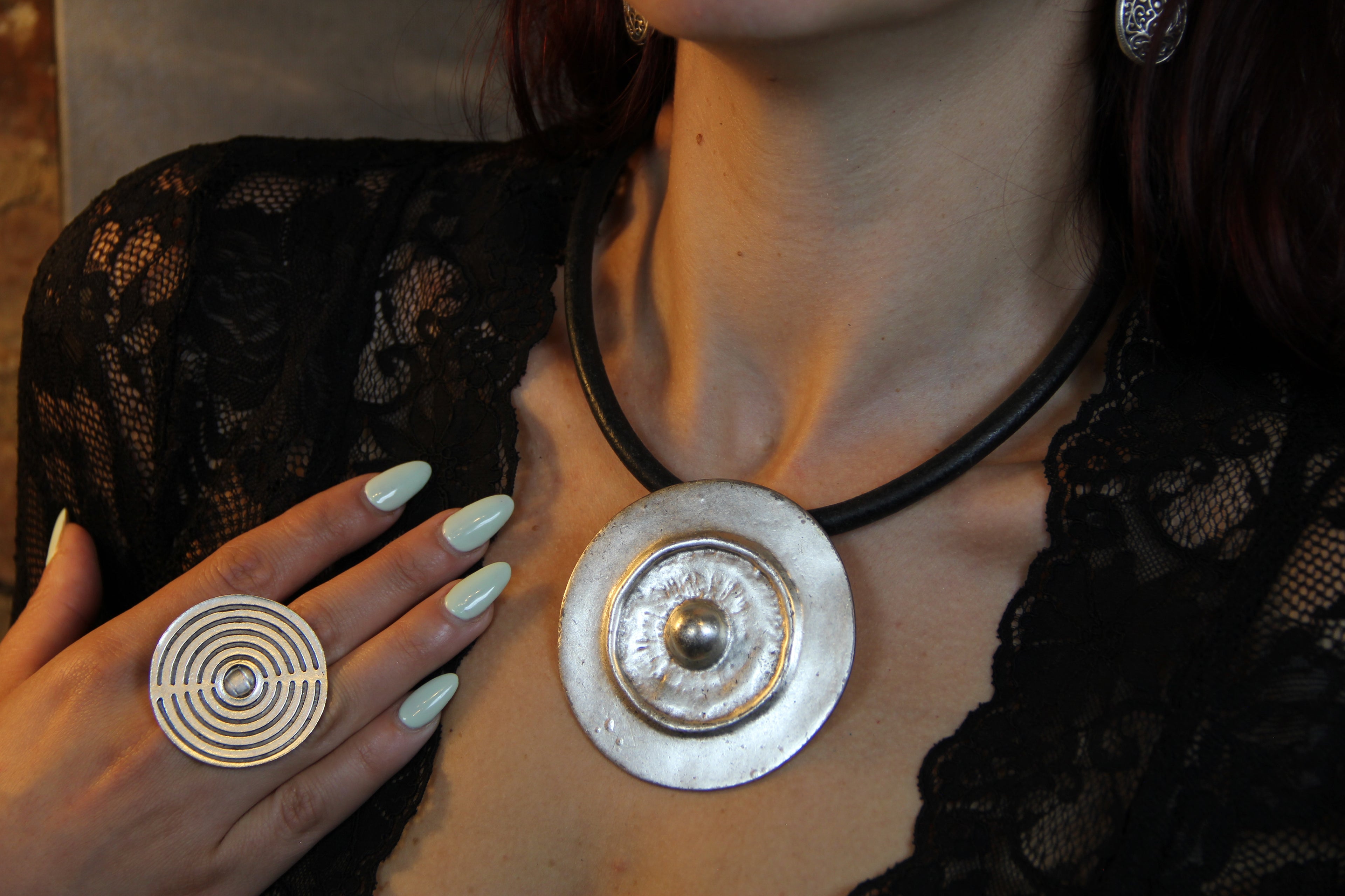 Large Metal Shield Pendant Necklace – Bold Statement Black Leather Choker, Bohemian & Unique Jewelry for Women