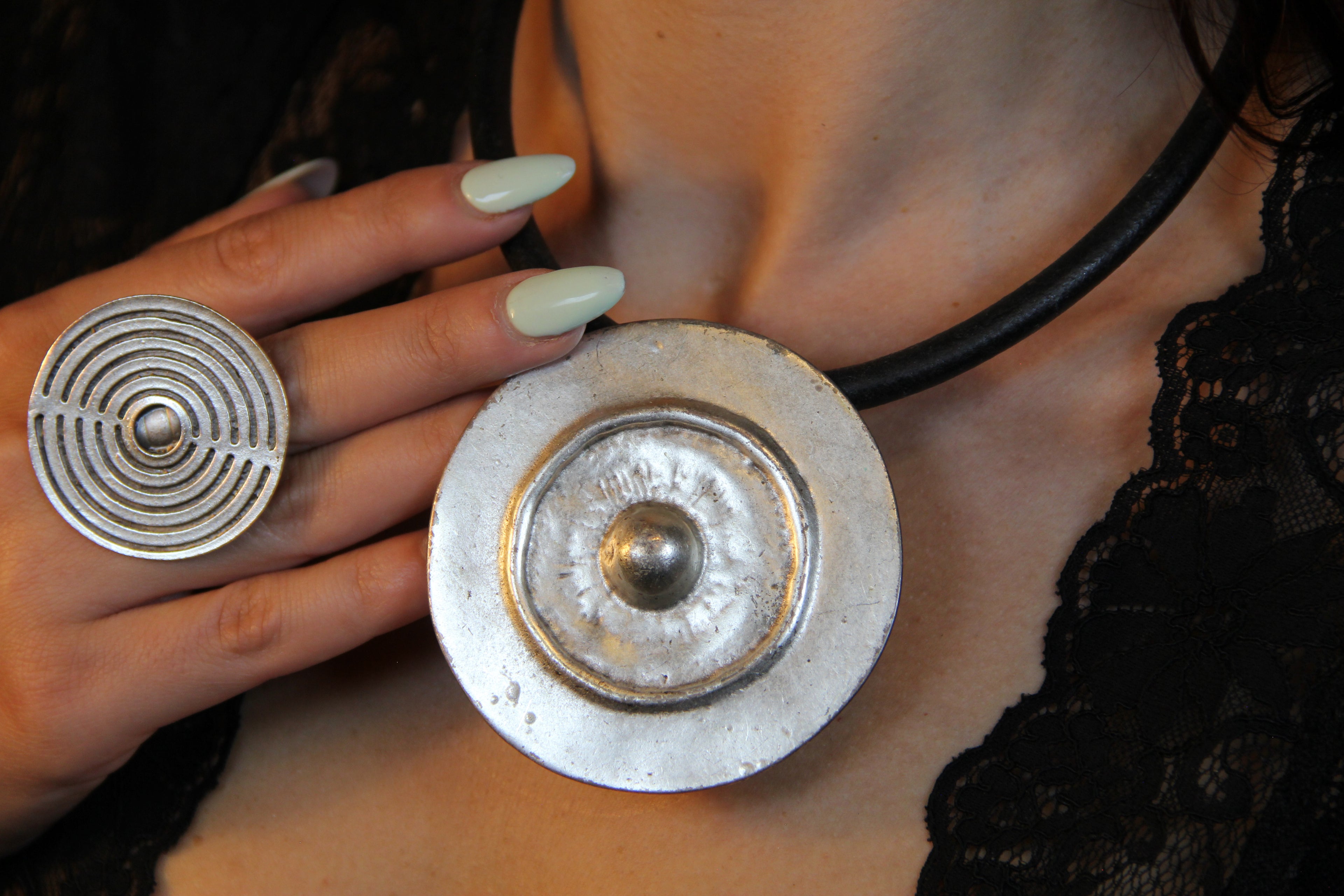Large Metal Shield Pendant Necklace – Bold Statement Black Leather Choker, Bohemian & Unique Jewelry for Women