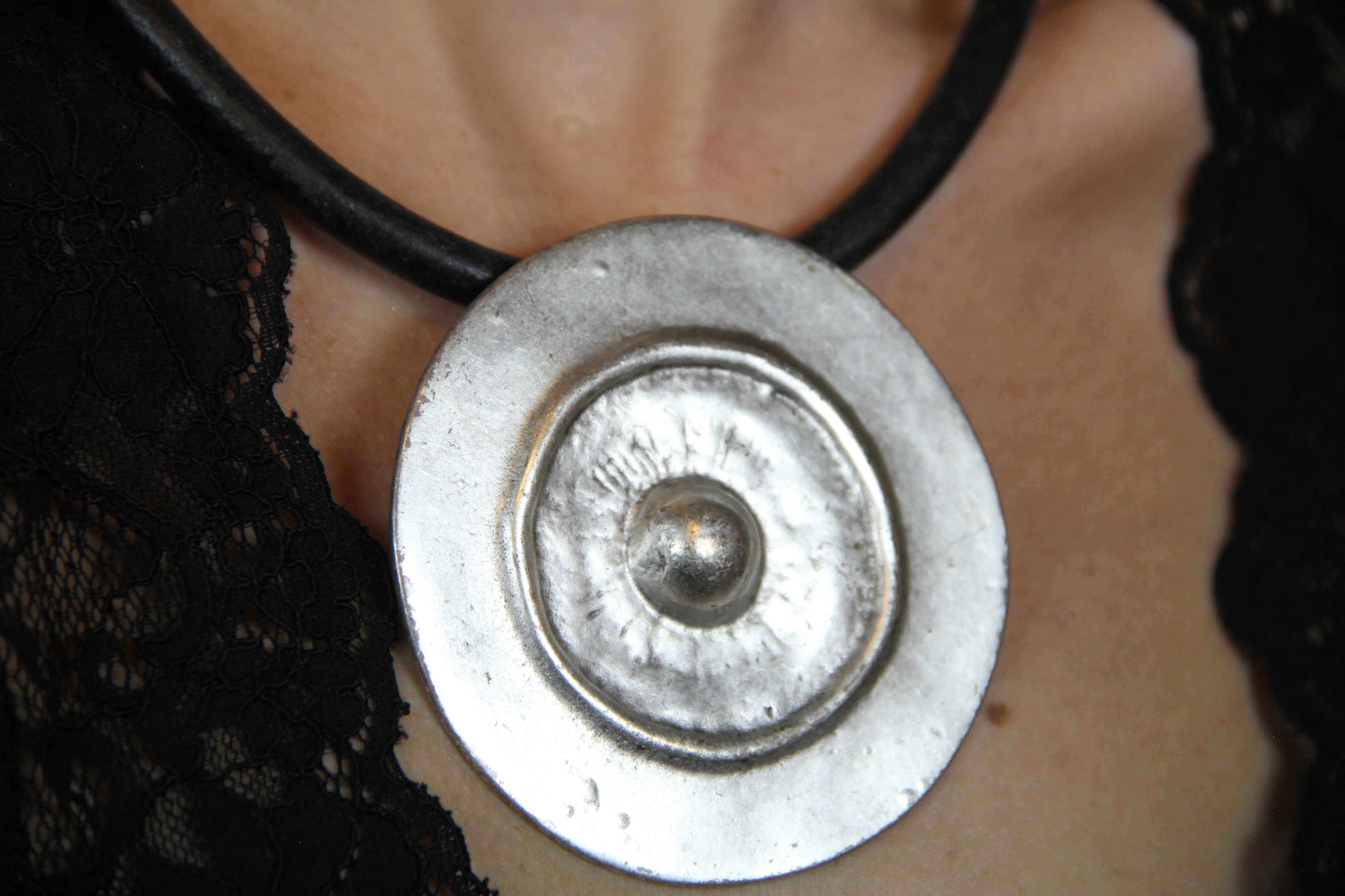 Large Metal Shield Pendant Necklace – Bold Statement Black Leather Choker, Bohemian & Unique Jewelry for Women
