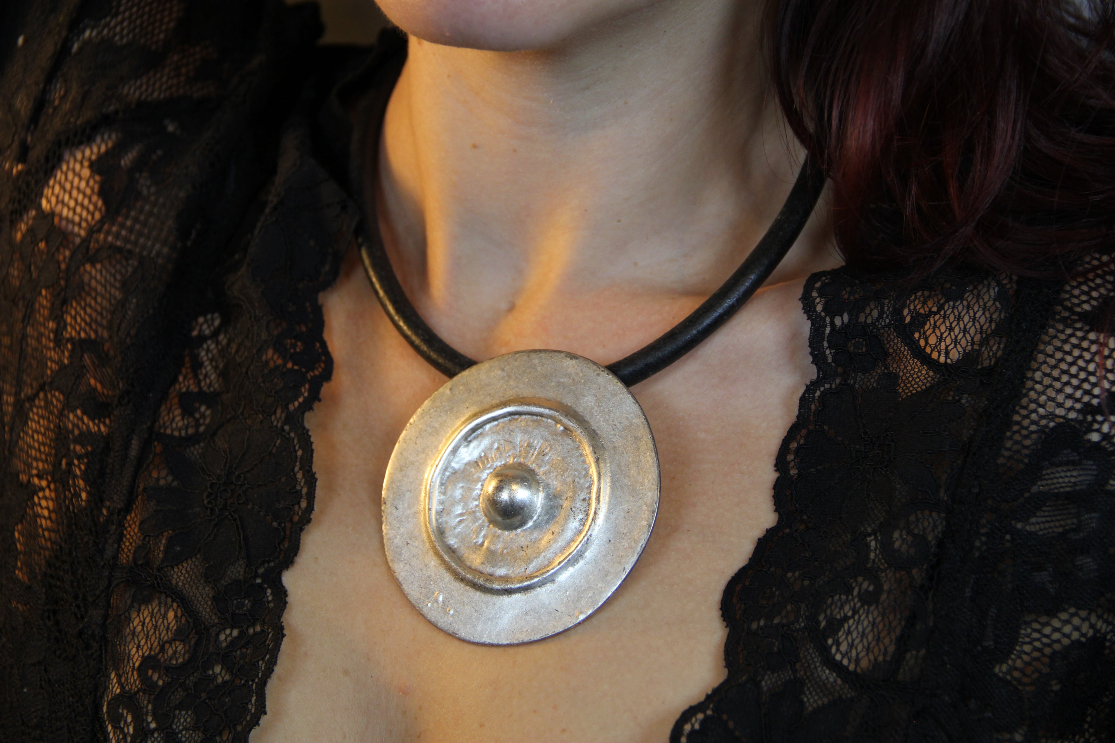 Large Metal Shield Pendant Necklace – Bold Statement Black Leather Choker, Bohemian & Unique Jewelry for Women