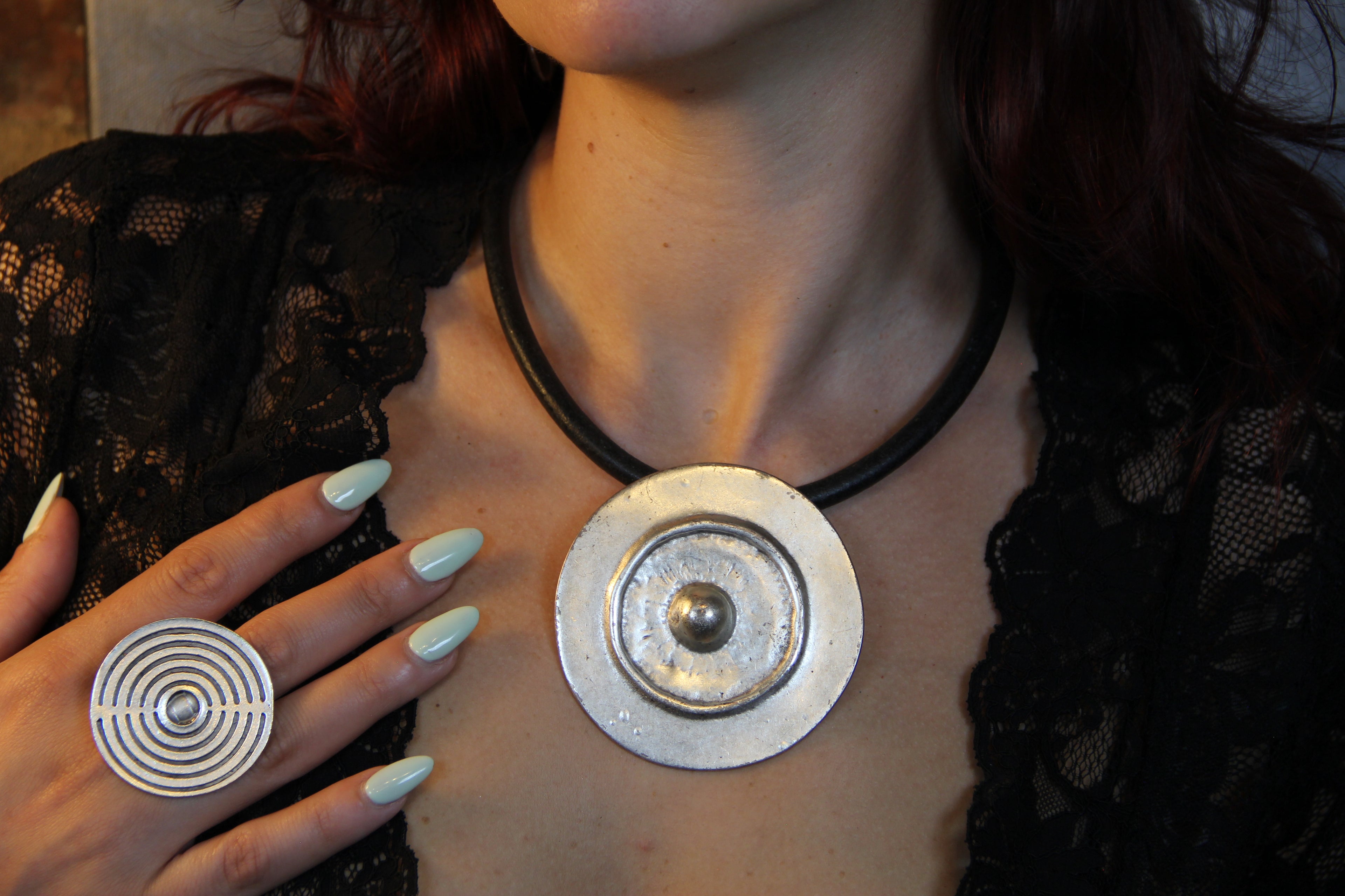 Large Metal Shield Pendant Necklace – Bold Statement Black Leather Choker, Bohemian & Unique Jewelry for Women