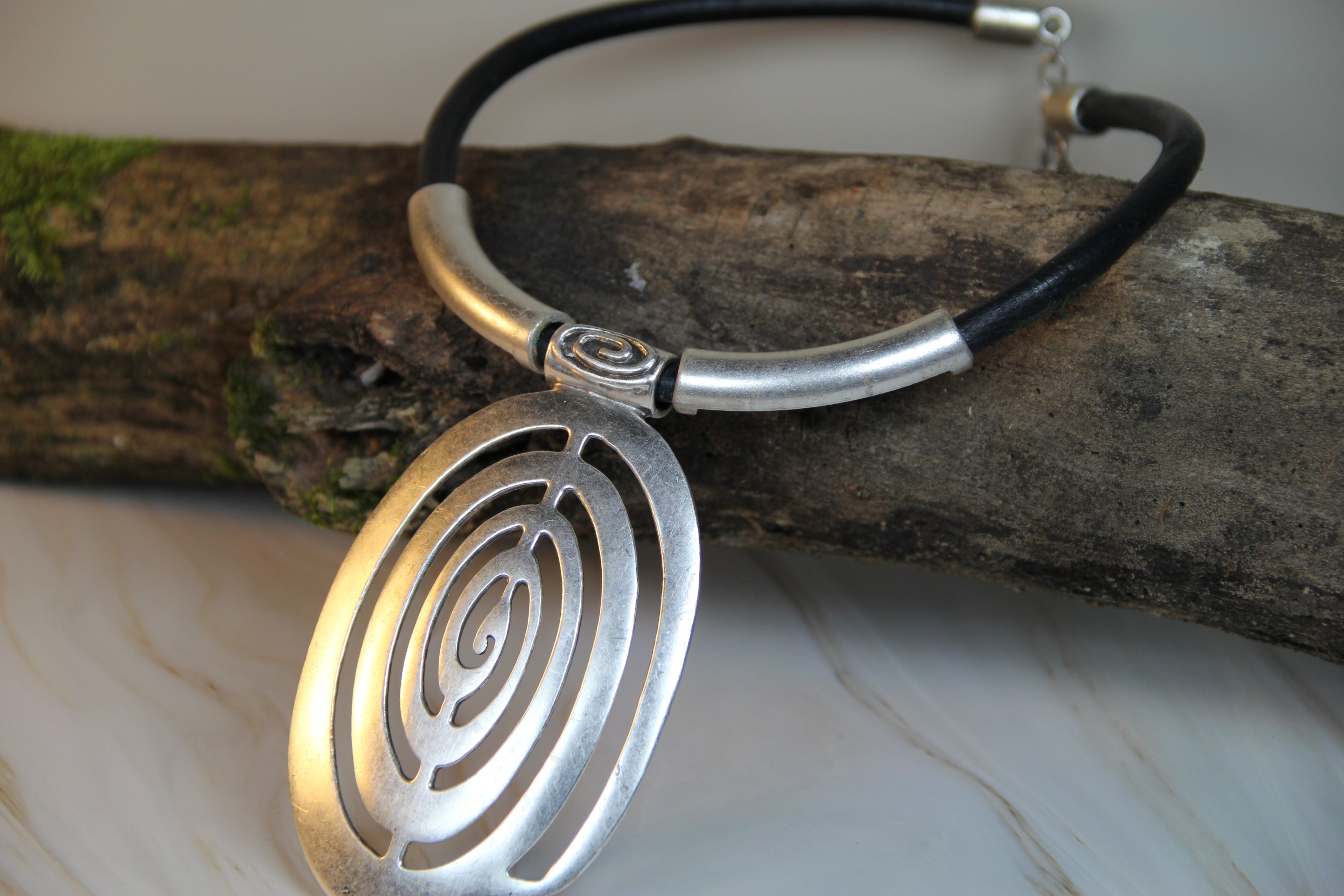 Metal Large Unique Pendant Statement Necklace Black Leather Choker Bohemian Style Jewelry