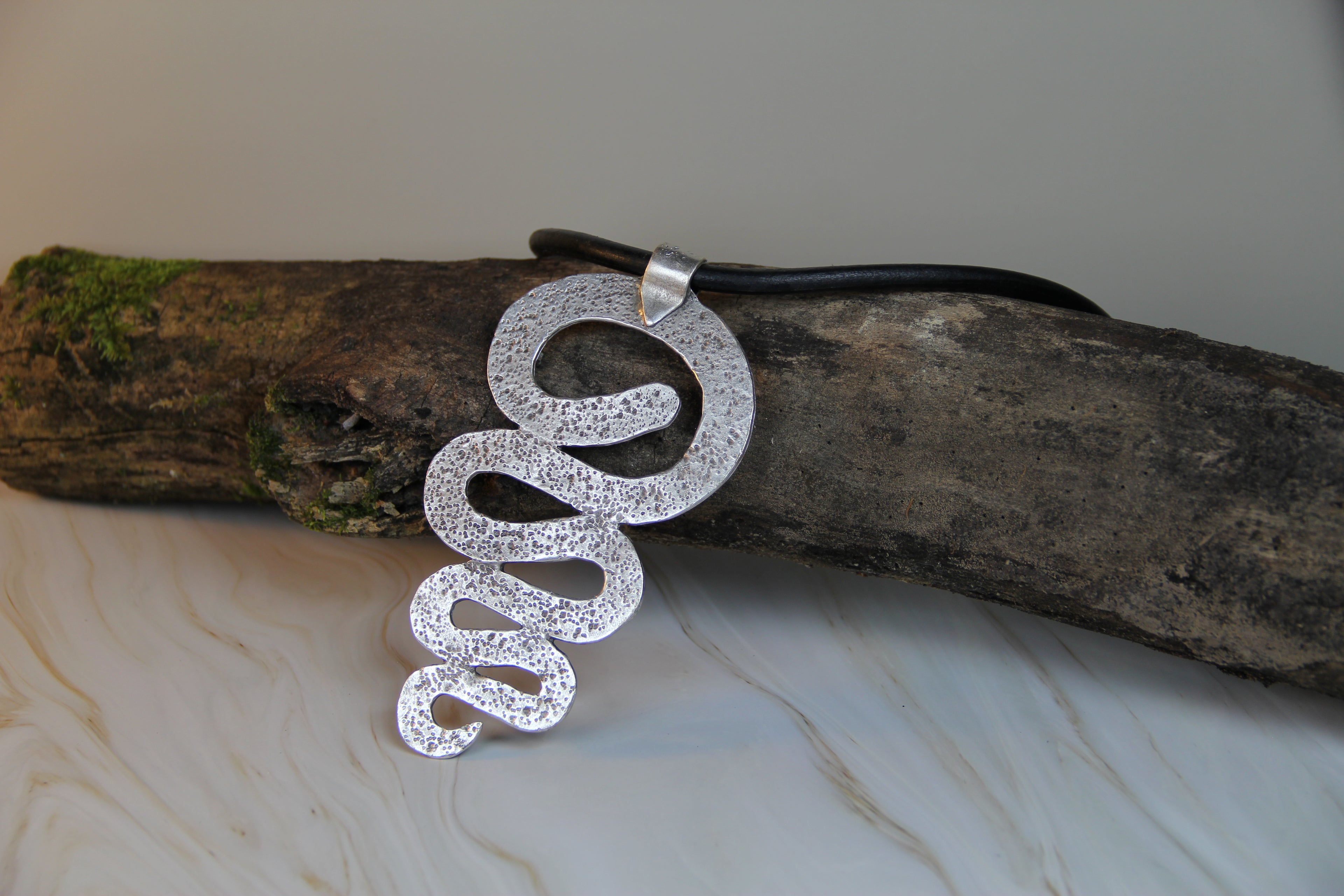 Large Metal Swirl Pendant Necklace – Bold Statement Black Leather Choker, Unique Bohemian Jewelry for Women