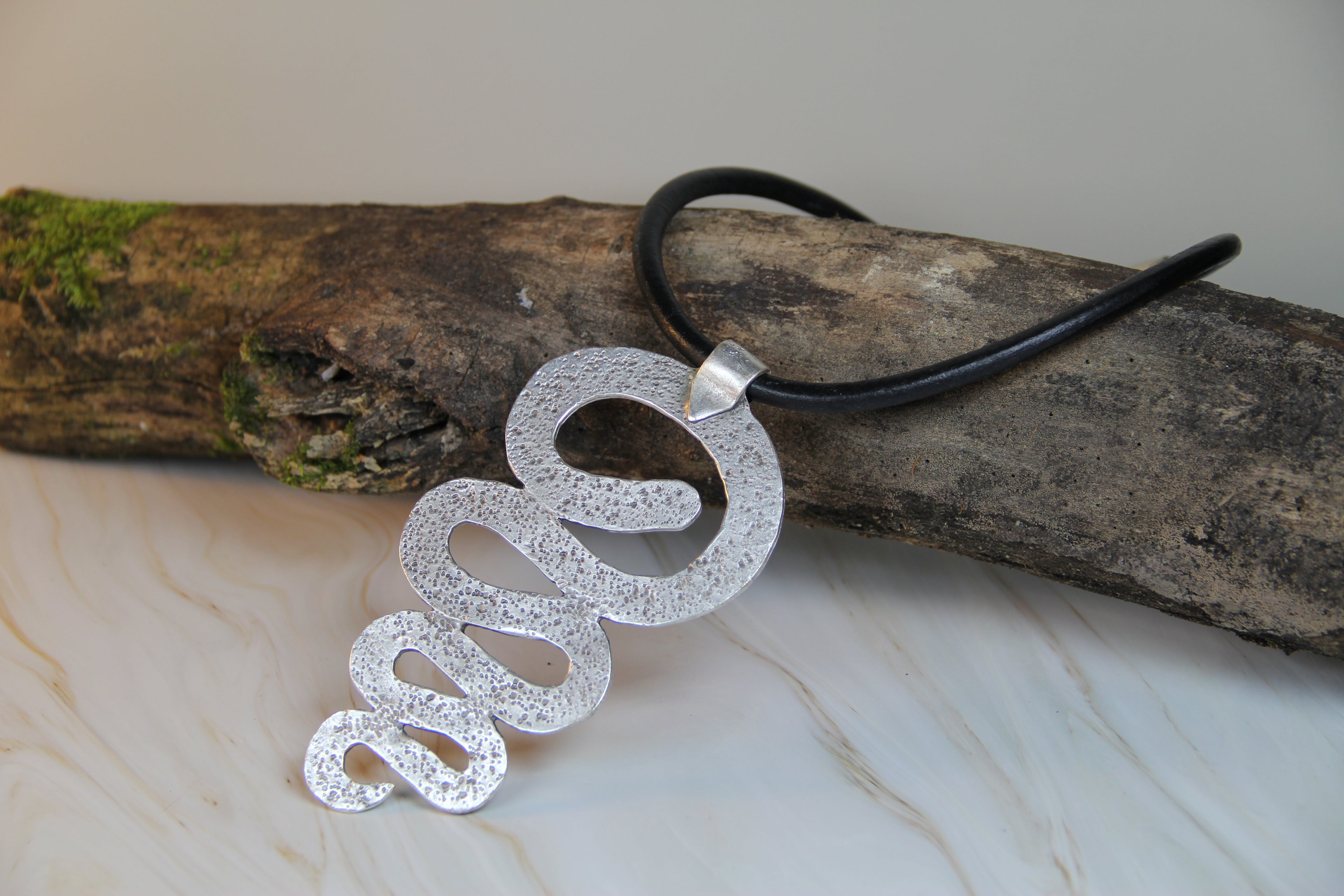 Large Metal Swirl Pendant Necklace – Bold Statement Black Leather Choker, Unique Bohemian Jewelry for Women