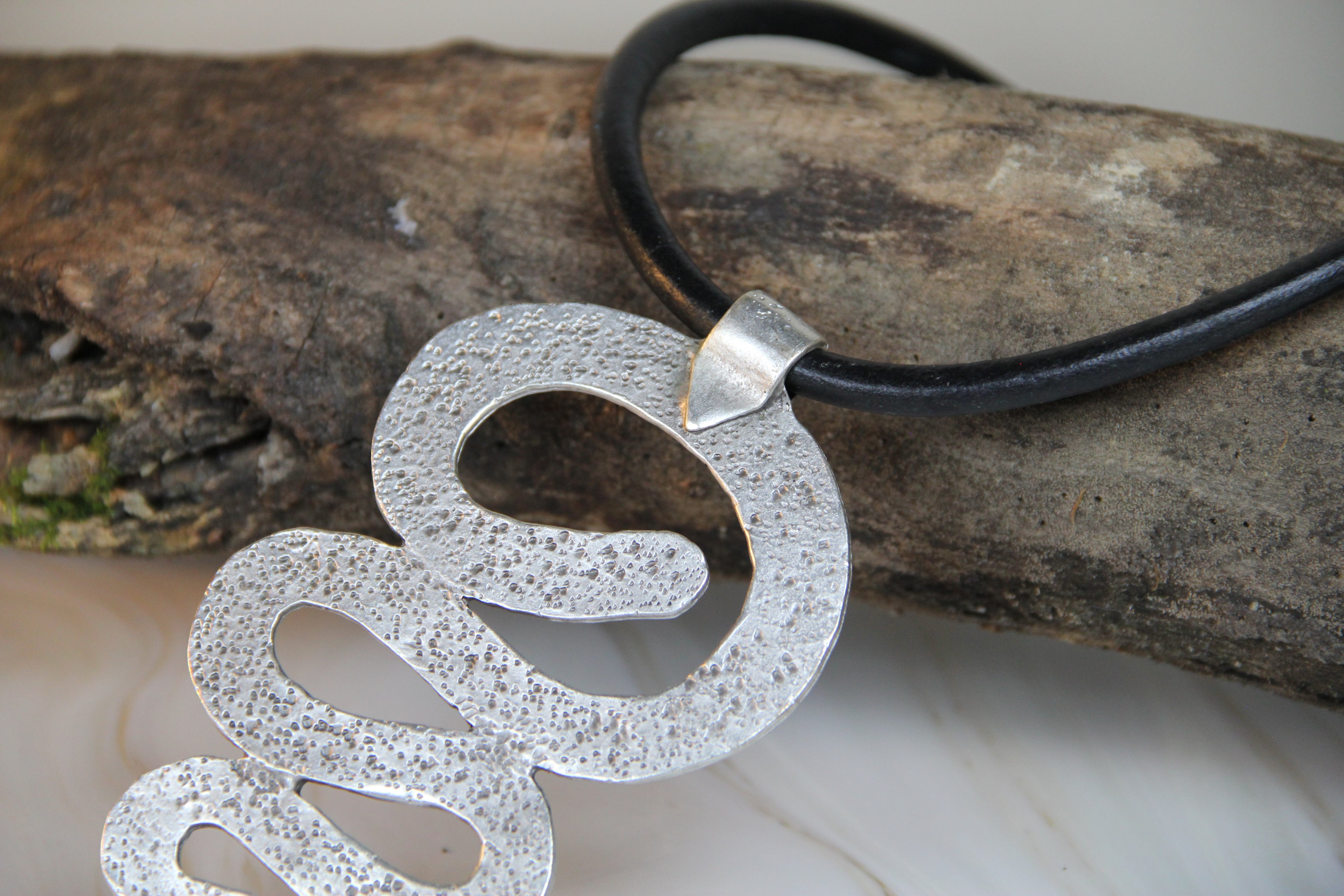 Large Metal Swirl Pendant Necklace – Bold Statement Black Leather Choker, Unique Bohemian Jewelry for Women